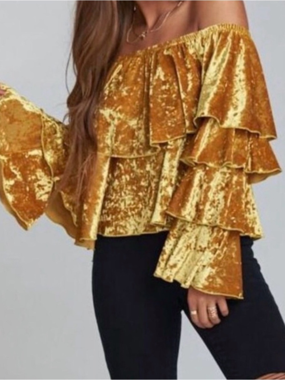 Show Me Your MuMu Crushed Velvet Off-Shoulder Babydoll Blouse Top Romantic BoHo